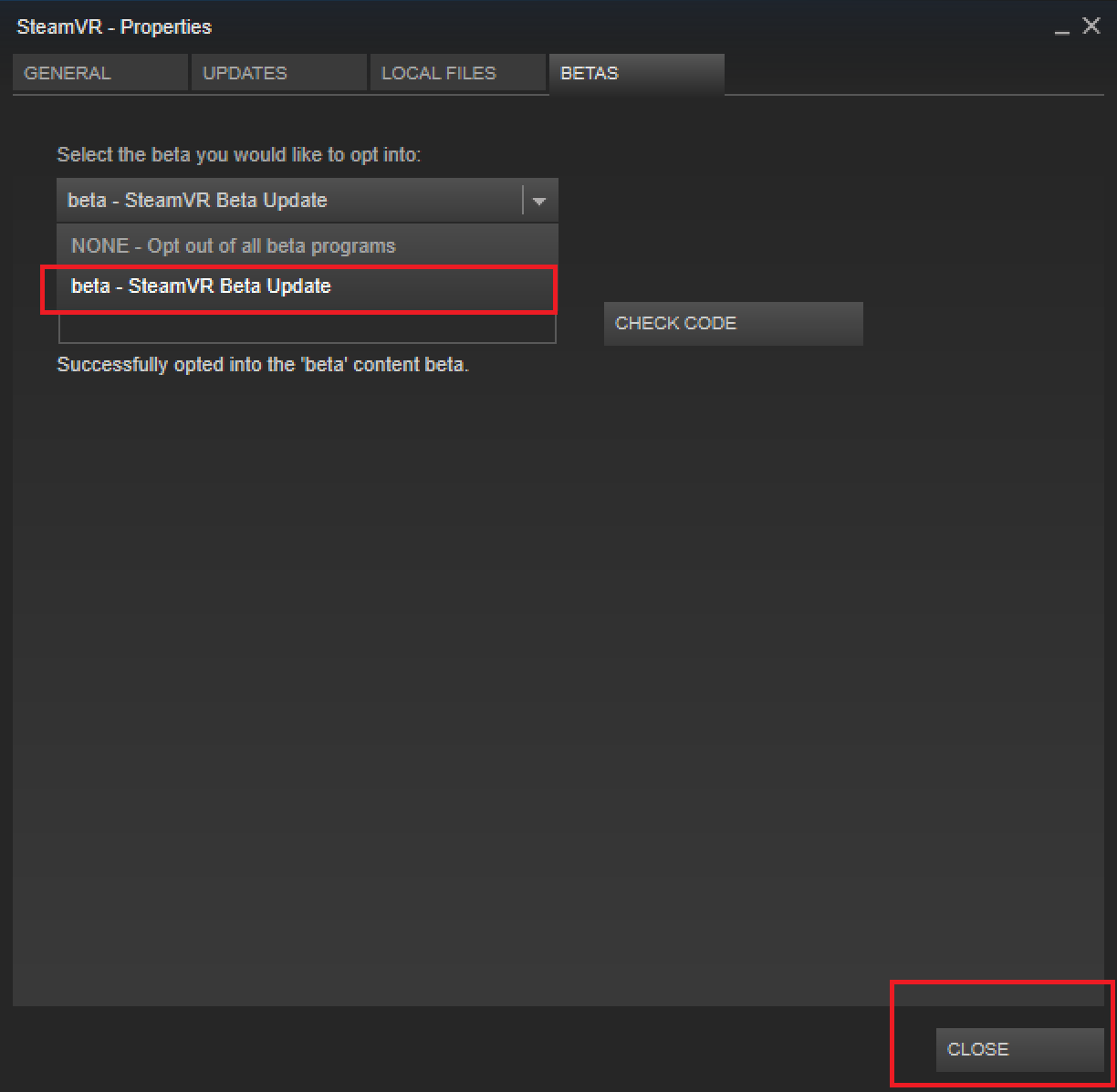 Passare alla versione beta di SteamVR nella finestra di dialogo delle proprietà per SteamVR