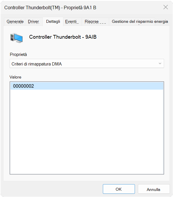 Screenshot dei dettagli del dispositivo per un controller Thunderbolt che mostra un valore pari a 2.