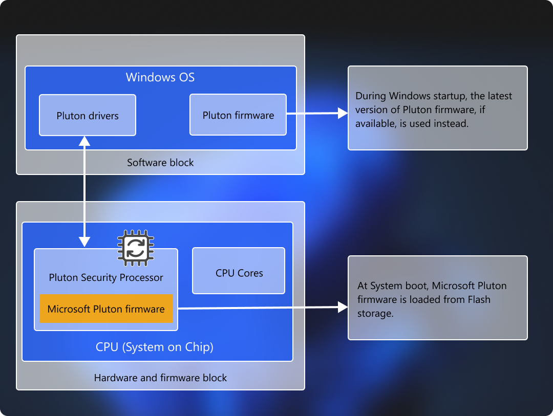 Diagramma che mostra l'architettura del processore di sicurezza Di Microsoft Pluton