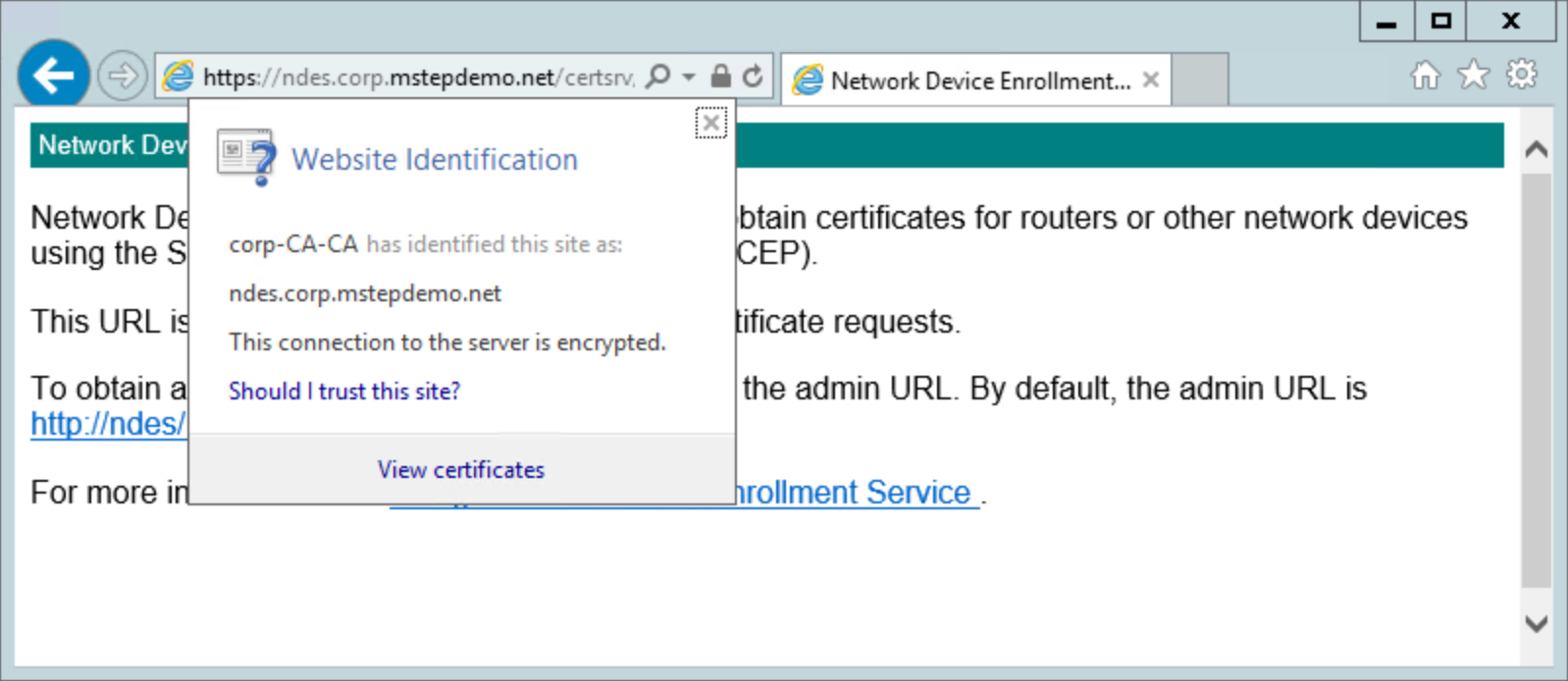 Console IIS NDES: Conferma