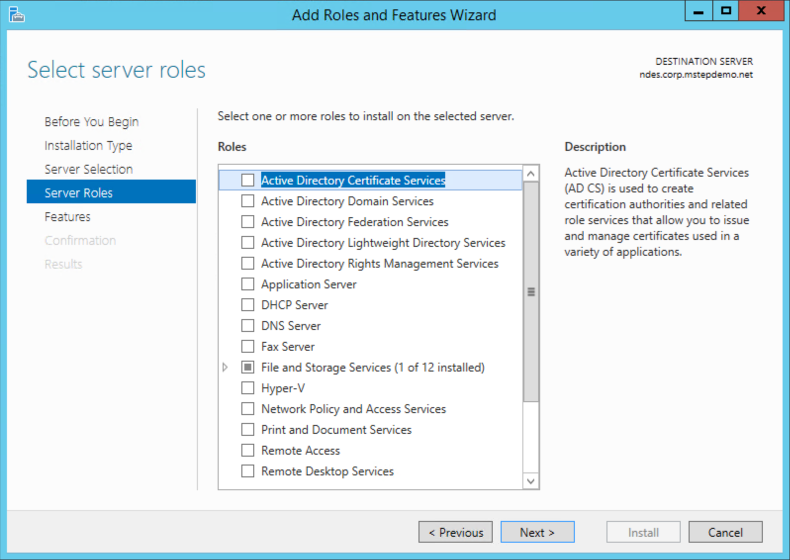 Server Manager ruolo servizi certificati Active Directory.