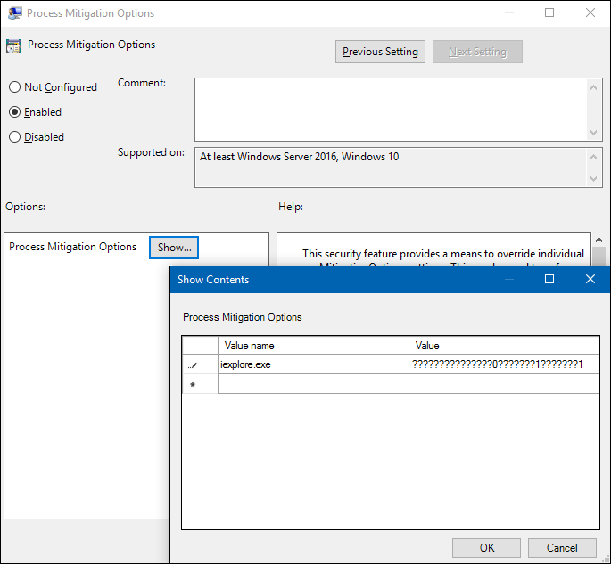 Screenshot dell'editor Criteri di gruppo: Opzioni di mitigazione dei processi con la casella Mostra contenuto e il testo di esempio.