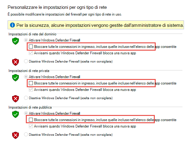 Screenshot dell'applet firewall Pannello di controllo.