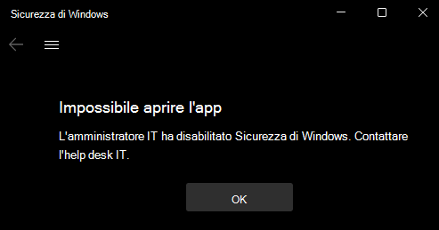 Screenshot del Sicurezza di Windows con tutte le sezioni nascoste da Criteri di gruppo.