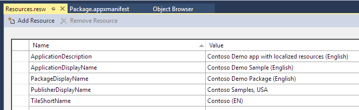 Screenshot che mostra il file Resources.resw che mostra le colonne Nome e Valore. per le risorse.