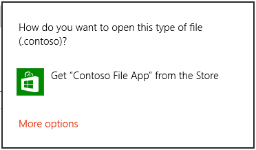 la finestra di dialogo aperta con per l'avvio di un file con estensione contoso. poiché .contoso non dispone di un gestore installato nel computer, la finestra di dialogo contiene un'opzione con l'icona dell'archivio e il testo che punta l'utente al gestore corretto nell'archivio. la finestra di dialogo contiene anche un collegamento 