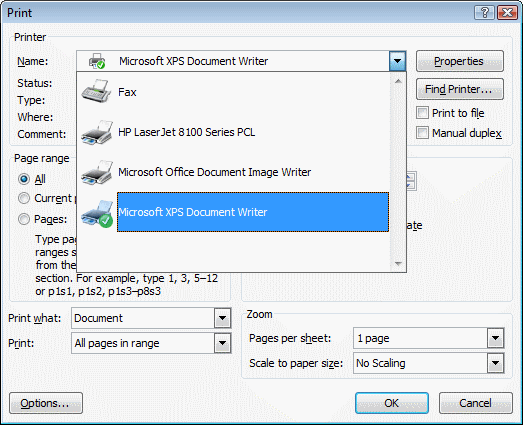 Immagine della finestra di dialogo stampa che mostra la selezione del writer di documenti microsoft xps (mxdw).