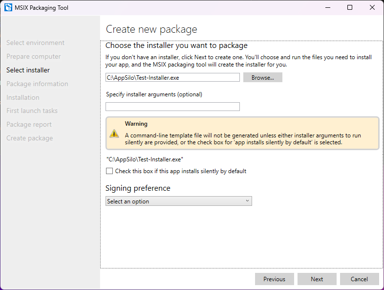 Screenshot che mostra la pagina Seleziona programma di installazione in MSIX Packaging Tool