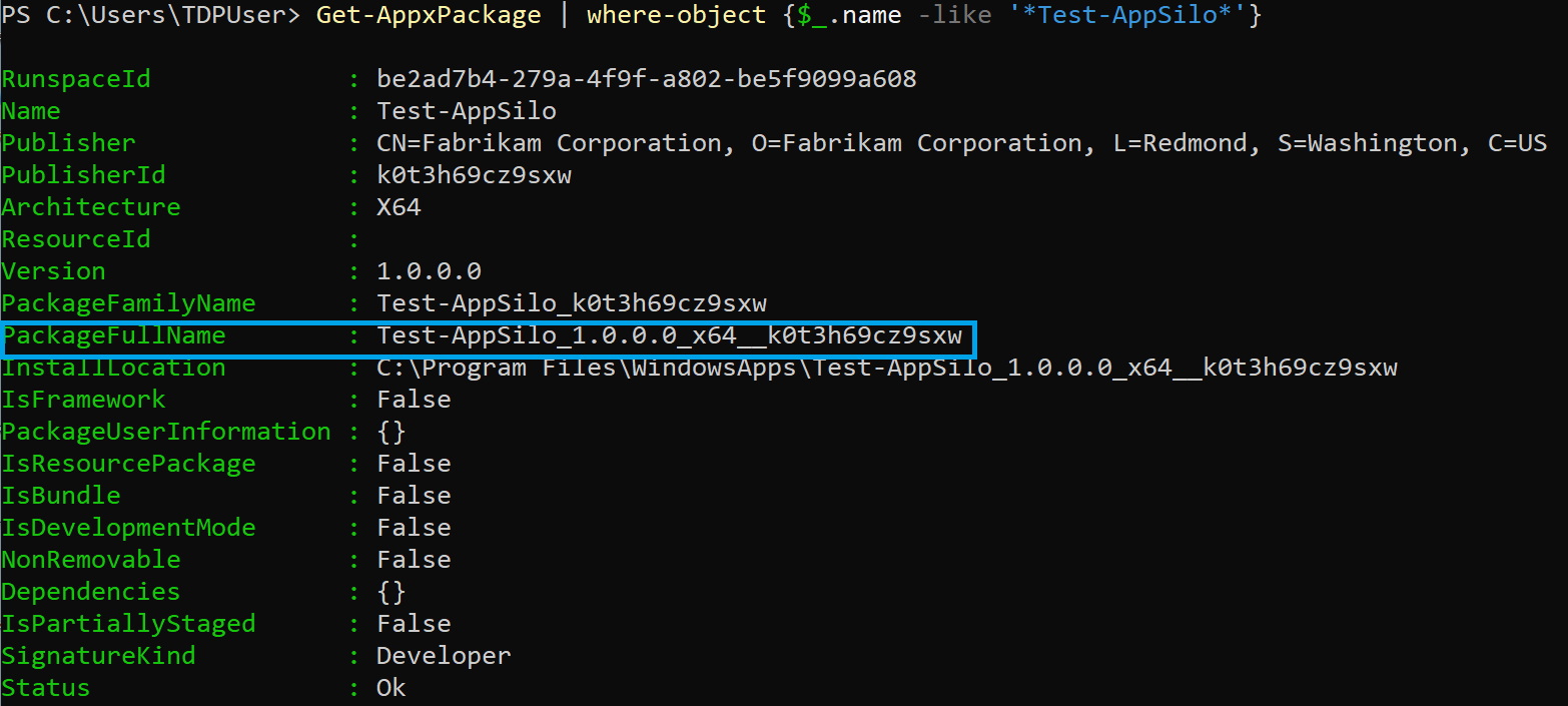 Screenshot che mostra l'output del comando Get-AppxPackage