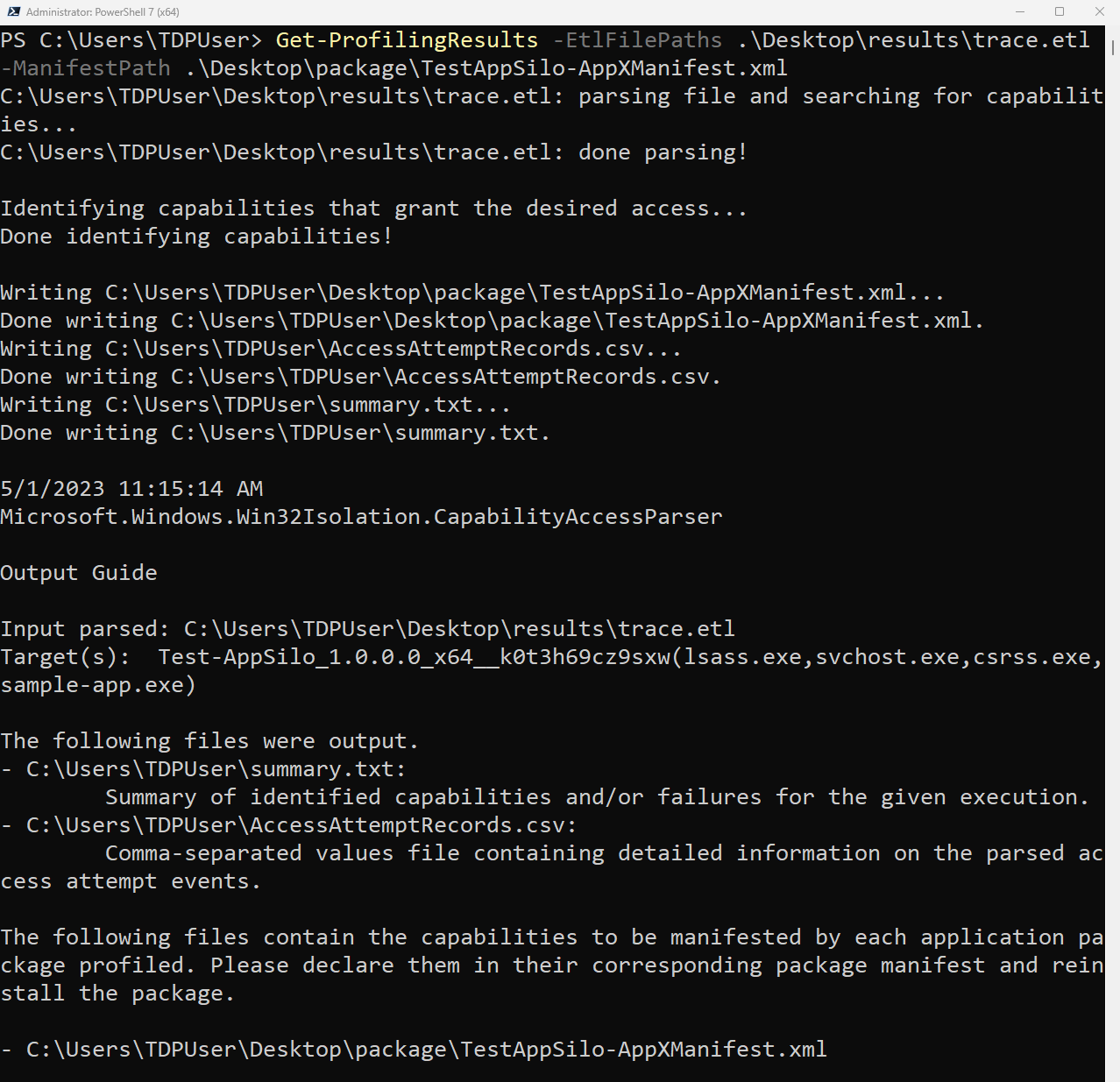 Screenshot che mostra una finestra di comando di PowerShell che esegue il cmdlet Get-ProfilingResults