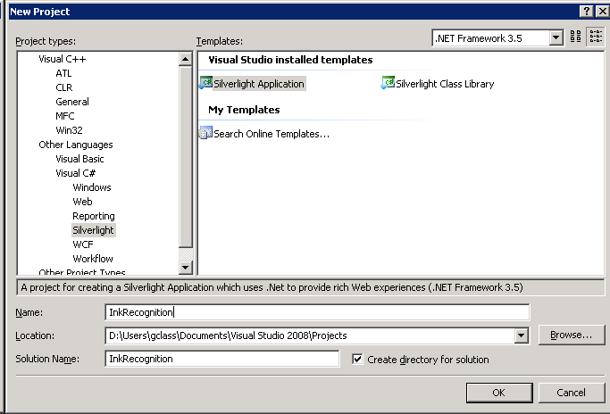 Progetto silverlight c# selezionato, con il nome inkrecognition