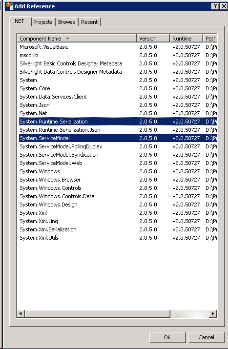 Finestra di dialogo Aggiungi riferimenti con system.runtime.serialization e system.servicemodel selezionato
