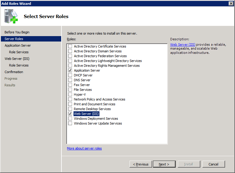 Finestra di dialogo Seleziona ruoli server con server Web (iis) e ruoli server applicazioni selezionati