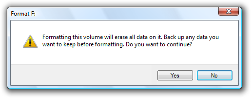 Screenshot che mostra un esempio di conferma della formattazione del volume.