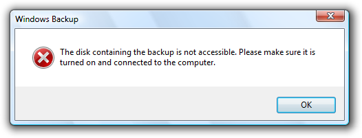 schermata del disco di backup non accessibile 