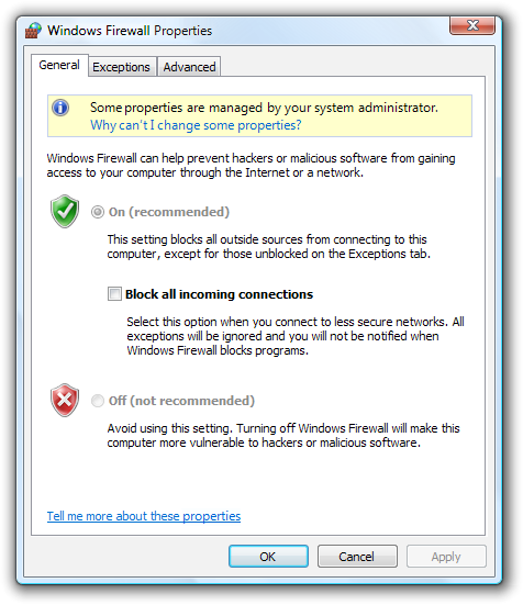 schermata della finestra delle proprietà del firewall 