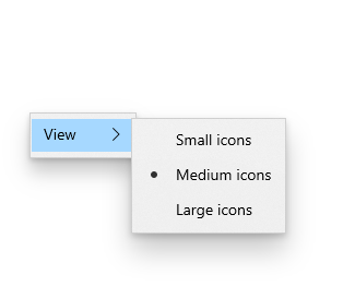 Tre voci del menu a comparsa del menu di opzione in un riquadro a comparsa Visualizzazione che consentono a un utente di selezionare le dimensioni delle icone