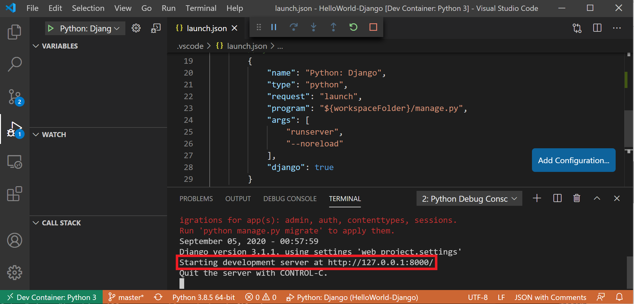 VS Code che esegue un contenitore Docker