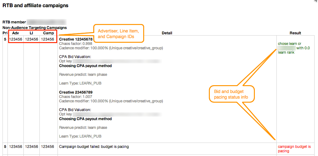 Screenshot of the summary table from a sample debug auction.