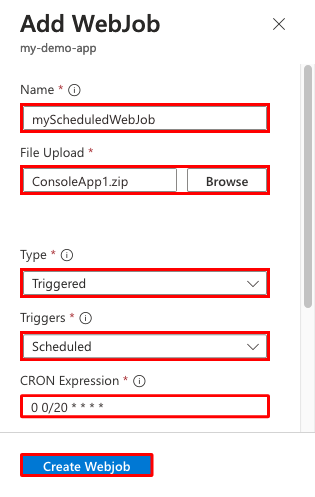 App Service アプリでスケジュールされた Web ジョブを構成する方法を示すスクリーンショット。
