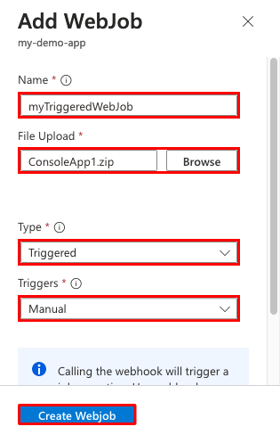 App Service アプリ用の手動でトリガーされる Web ジョブを構成する方法を示すスクリーンショット。