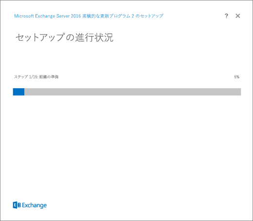 Exchange セットアップ、[セットアップの進行状況] ページ。