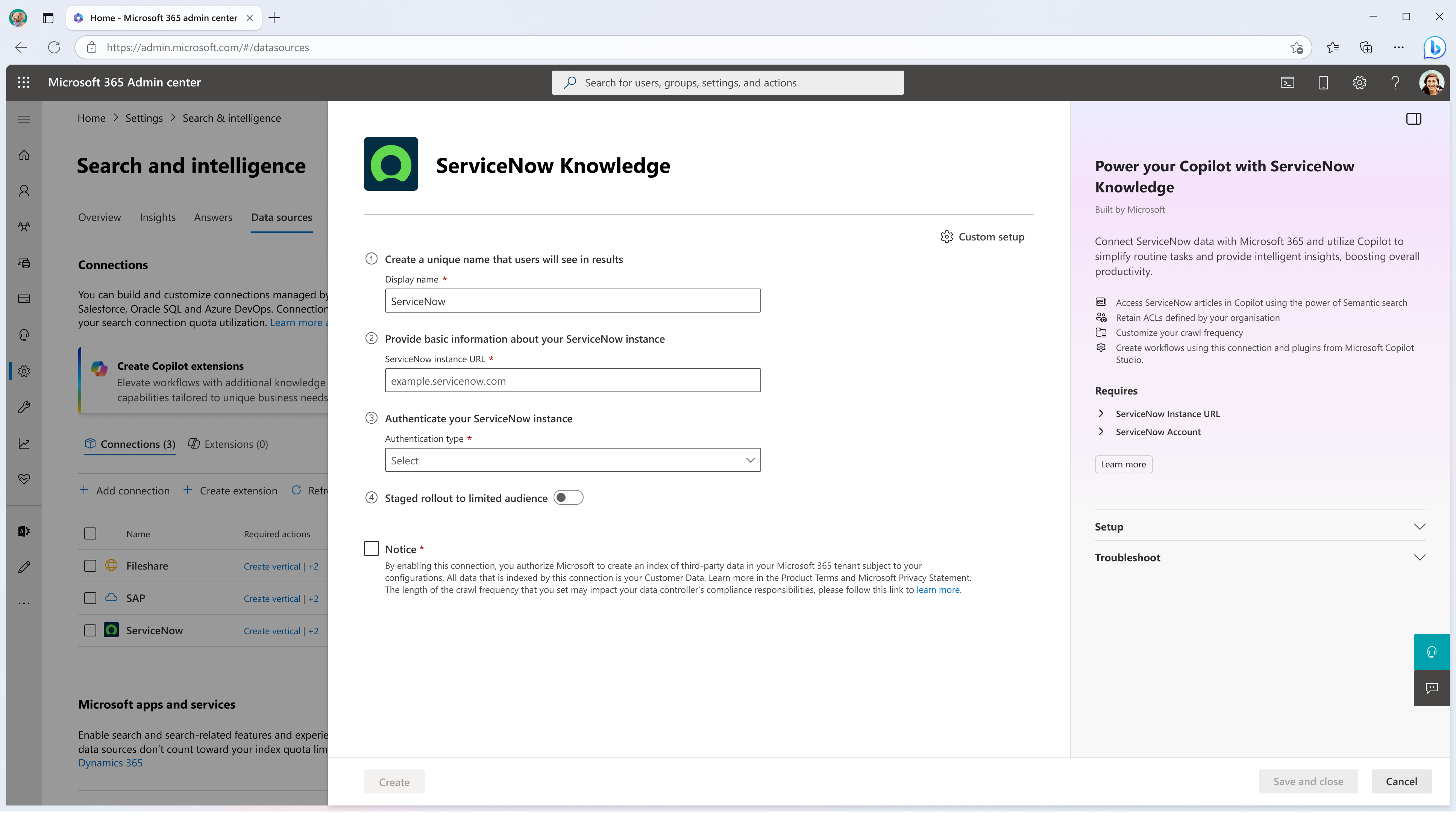 Microsoft Graph Connector for ServiceNow Knowledge Add Microsoft Graph Connector for ServiceNow Knowledge の接続作成画面を示すスクリーンショット