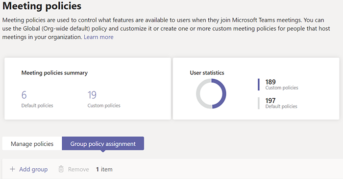 Teams グループ ポリシーの割り当てのスクリーンショット。