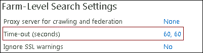[ファームの検索管理] ページにおけるクローラーのタイムアウト設定のスクリーンショット