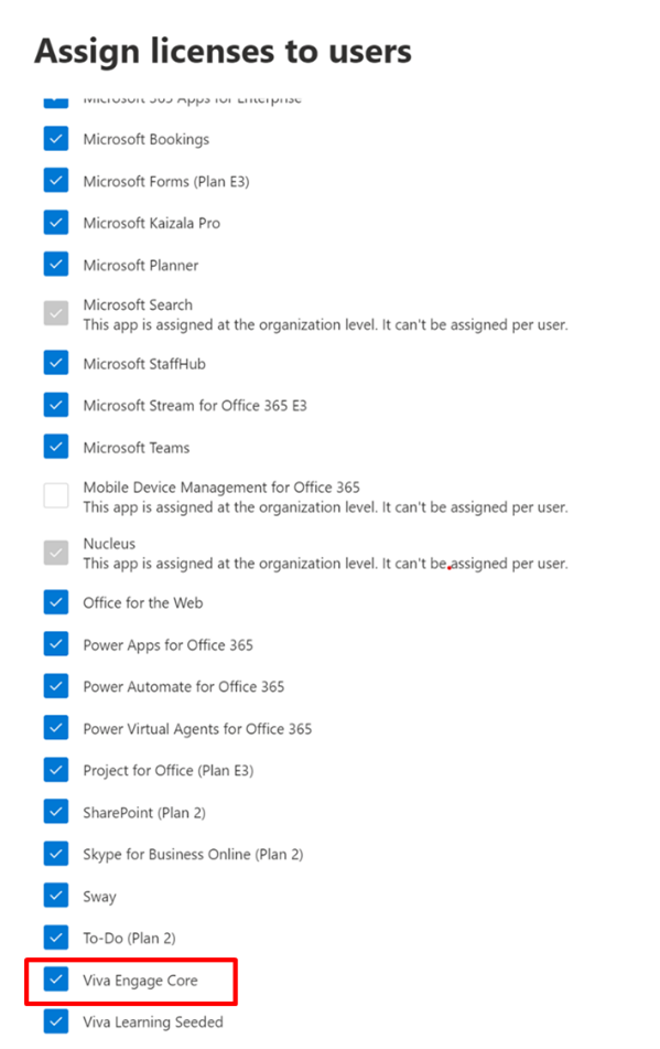 スクリーンショットは、割り当て可能な enterprise ライセンスを使用できるMicrosoft 365 管理センター Viva Engageライセンスの割り当てセクションを示しています。