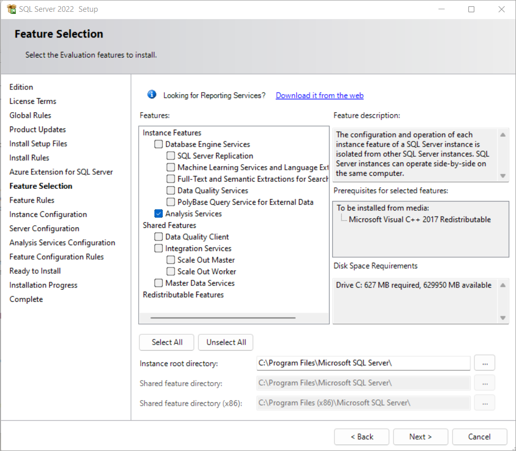 Analysis Services のセットアップ機能ツリーを示すセットアップ機能ツリー