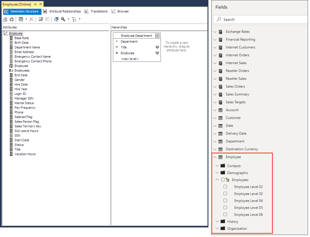 SSDT と Power BI フィールドの一覧の親子階層