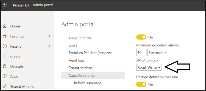 管理 ポータルの XMLA 読み取り書き込み設定。