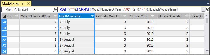 列の名前が MonthCalendar に変更されたモデル デザイナーのスクリーンショット。