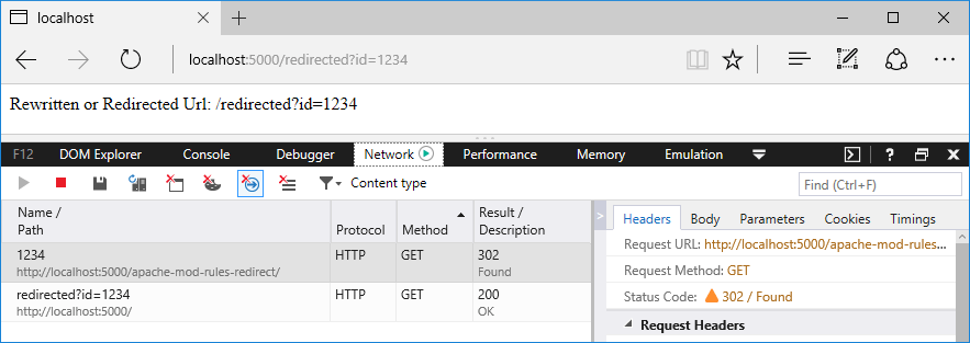 要求および応答を追跡する開発者ツールを備えたブラウザー ウィンドウ: Apache mod リダイレクトを追加する