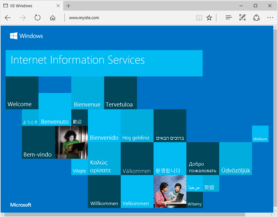 Microsoft Edge ブラウザーに IIS のスタートアップ ページが読み込まれています。