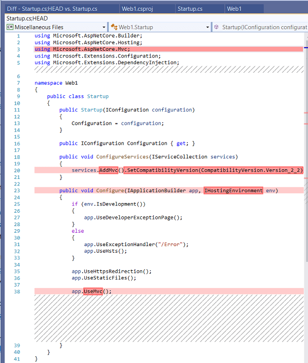ASP.NET Core 2.2 Razor Web アプリで削除された行と変更された行