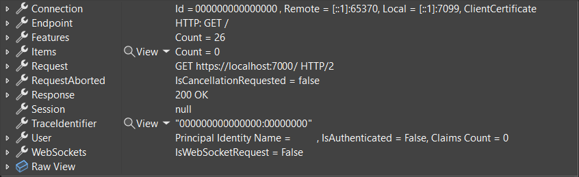 .NET 8 における HttpContext 型の役に立つデバッガーの表示。