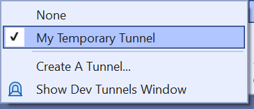 新しいトンネルが示されているデバッグ ドロップダウンの [開発トンネル] ポップアップ。