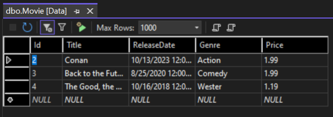 開いた Movie テーブルにテーブル データが表示されています