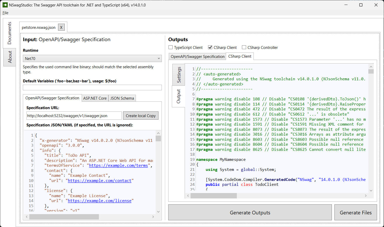 NSwag Studio によって仕様がインポートされ、CSharp クライアントがエクスポートされます。