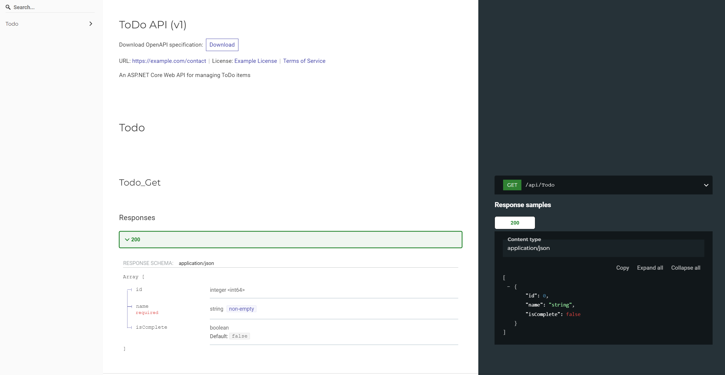 サンプル API のドキュメントを再ドキュメント化します。