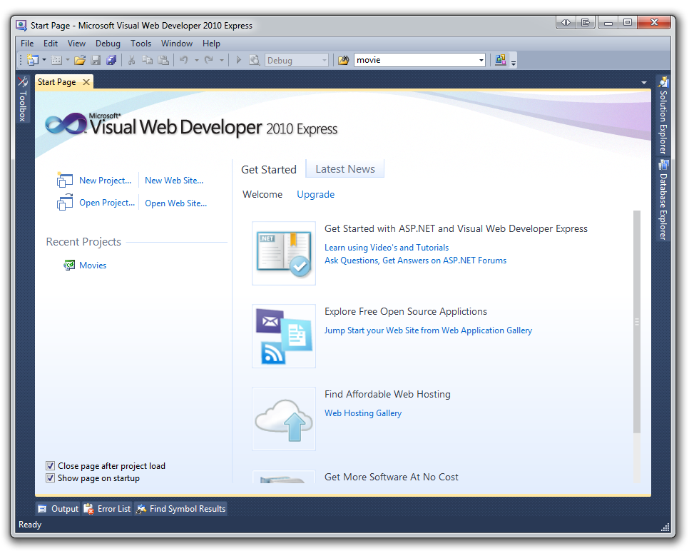 開始する Visual Web Developer 2010 Express のスクリーンショット。