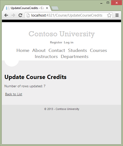 Contoso University Update Course クレジットの行が影響を受けるページを示すスクリーンショット。