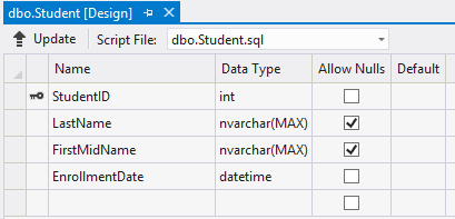 サーバー エクスプローラーの Student テーブルを示すスクリーンショット。前のスクリーンショットの [First Name]\(名\) 行が[First Mid Name]\(ファースト ミッド ネーム\) として読み取るように変更されました。