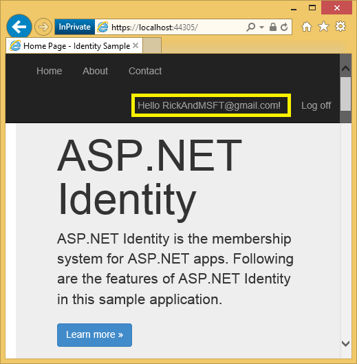 A S P ドット NET アプリのホーム ページを示すスクリーンショット。サンプル ユーザー ID が強調表示されています。