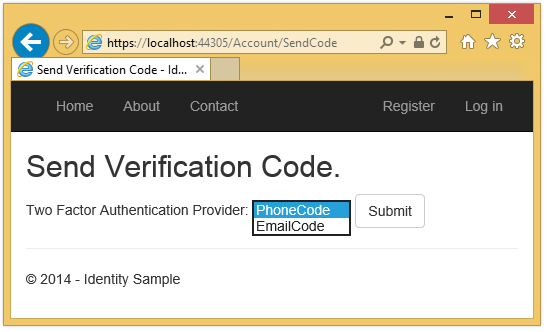 [A S P dot NET app Send Verification Code]\(検証コードの送信\) ページを示すスクリーンショット。電話コードと電子メール コードを示すドロップダウン メニューが選択されています。