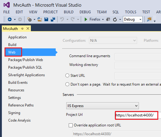 Screenshot that shows the M v c Auth project's properties page. The Web tab on the left menu and the S S L U R L pasted in the Project U R L box are highlighted.