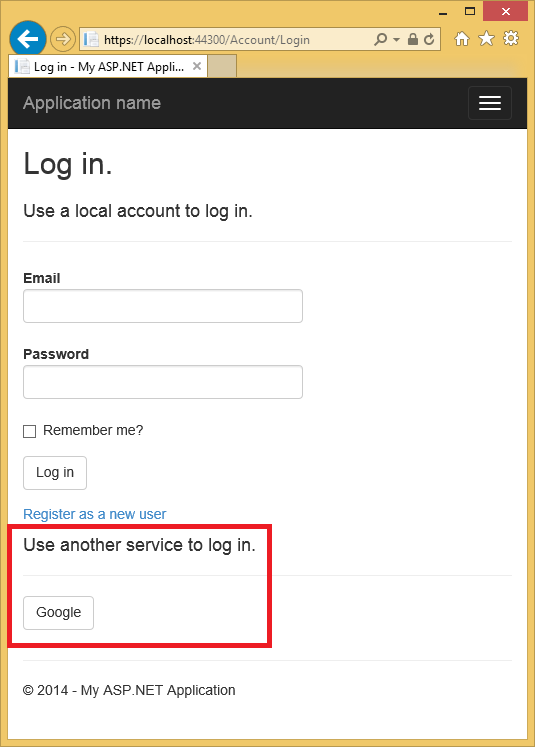 Screenshot that shows the My A S P dot NET Log in page. The Use another service to log in dialog and Google button are highlighted.