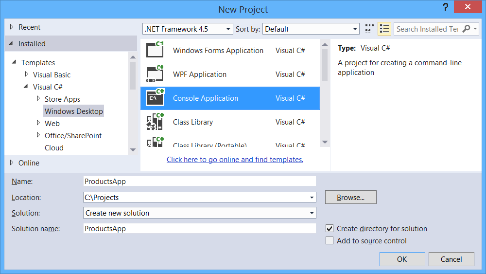 Screenshot of the new project dialog box, highlighting the path through the menu options, to create a new console application project.